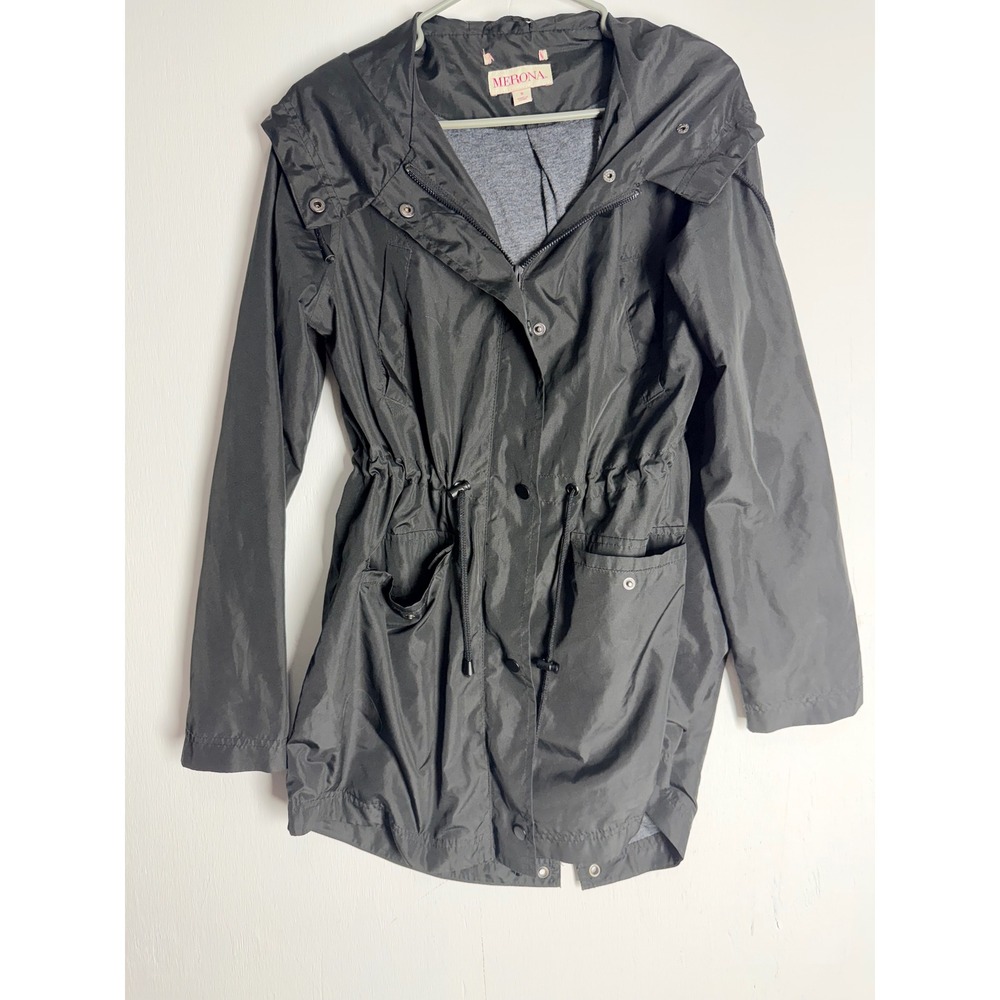 Merona Womens Black Hooded Anorak Utility Jacket Cinched Waist Windbreaker Small